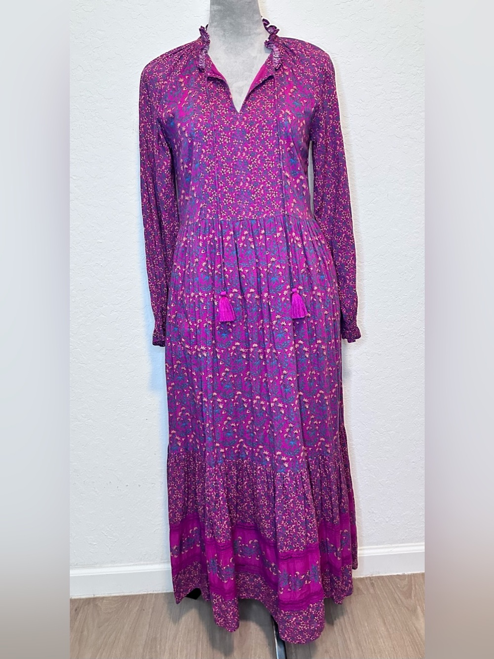 Roller Rabbit XS Pink Purple Floral Block Print Tassel Cotton Maxi Dress Boho